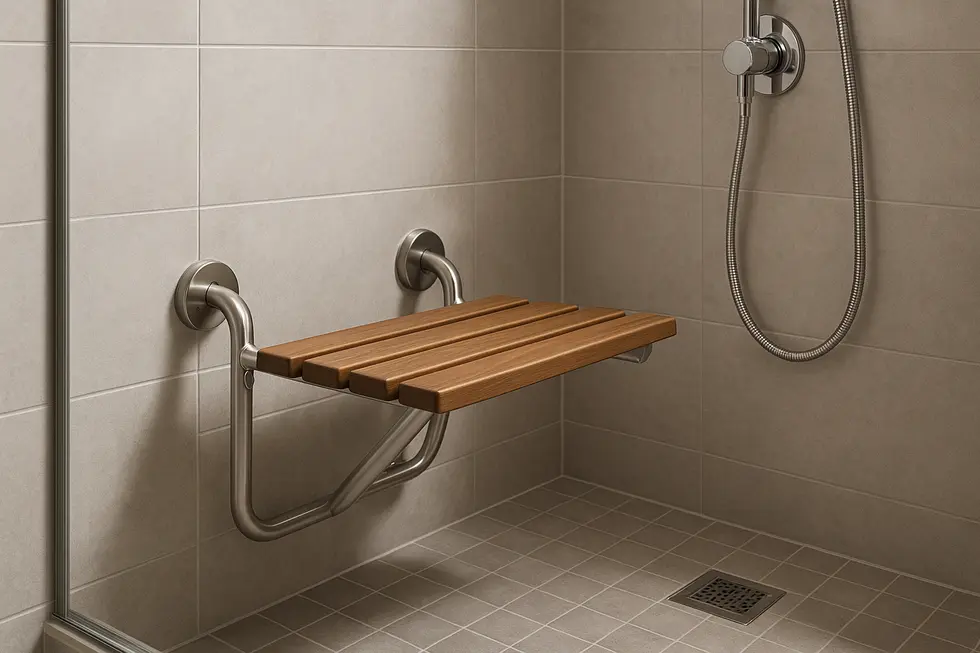 A stylish and functional wall-mounted shower seat adds both safety and elegance to any bathroom.