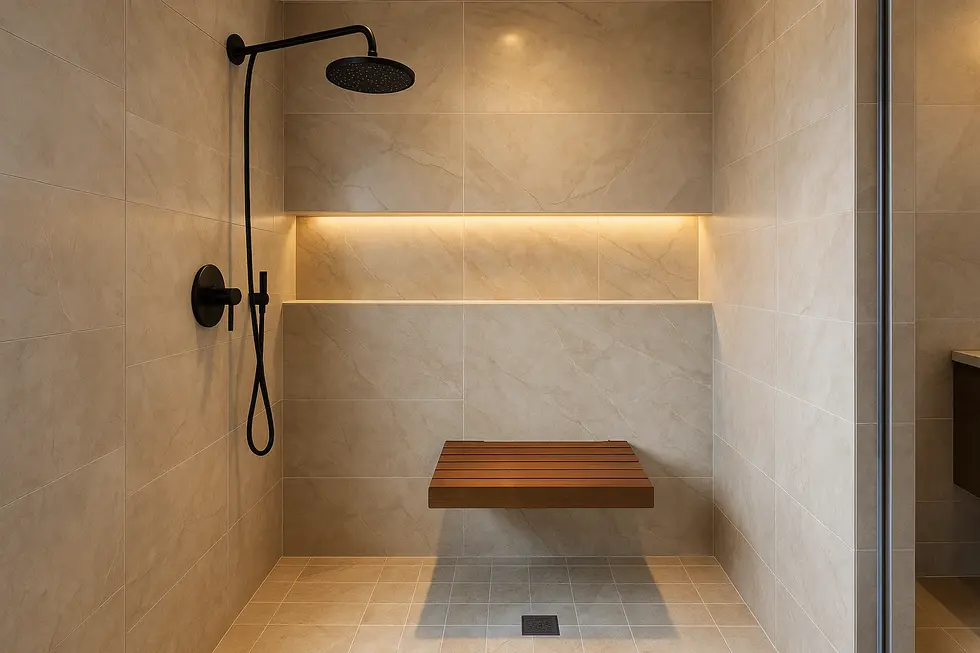 Modern bathroom design featuring a wall-mounted shower seat for luxury and function.