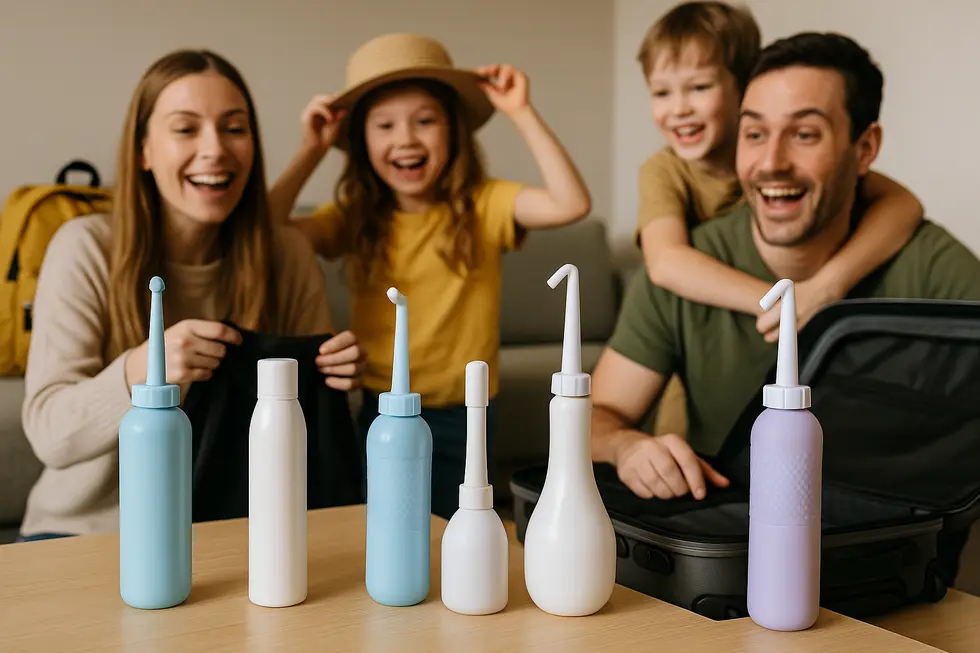 A family organizing portable bidets with innovative designs for travel, symbolizing a modern take on hygiene solutions.