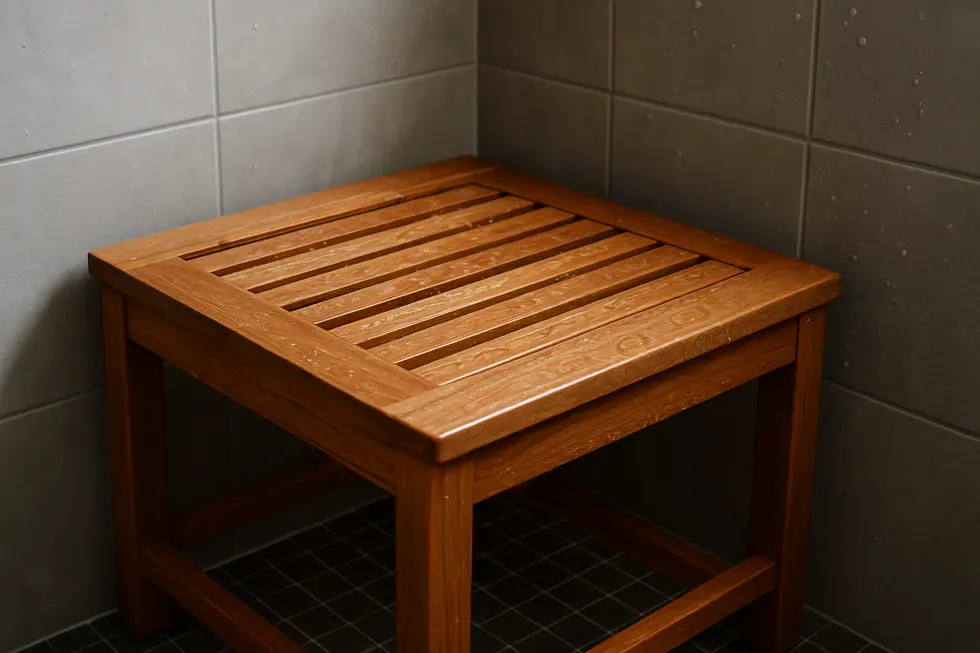 A contemporary bathroom featuring a teak water-resistant shower seat.