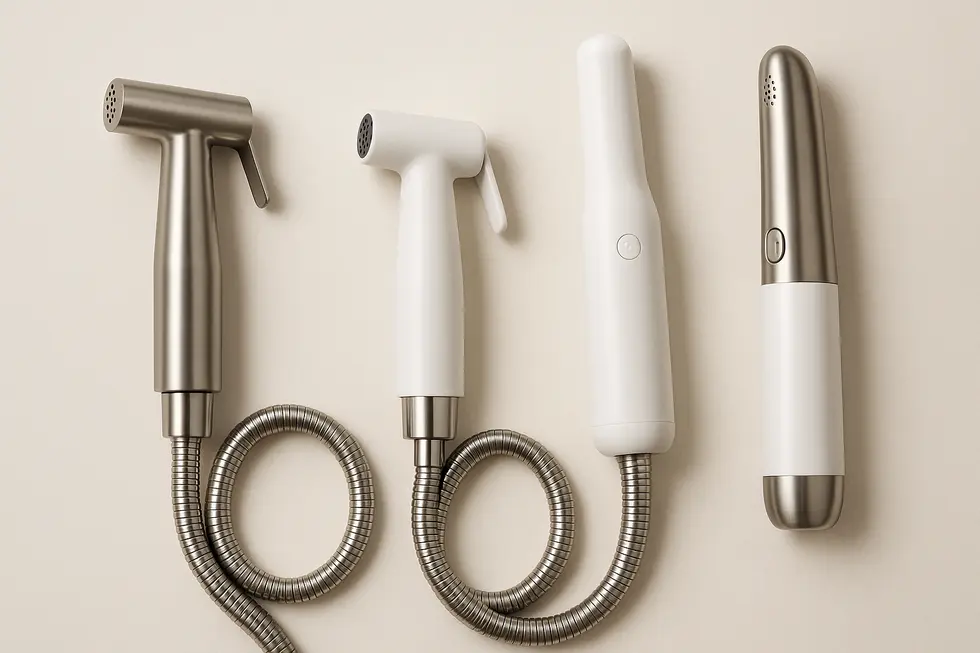 Various innovative designs in portable bidet sprayers showcasing technology advancements.