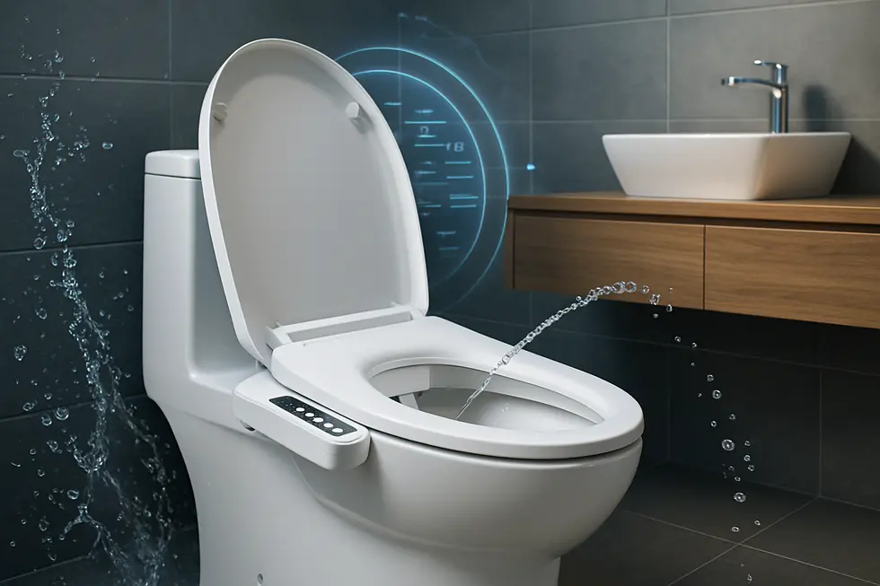 A modern bathroom featuring a premium bidet attachment, emphasizing advanced hygiene technology.