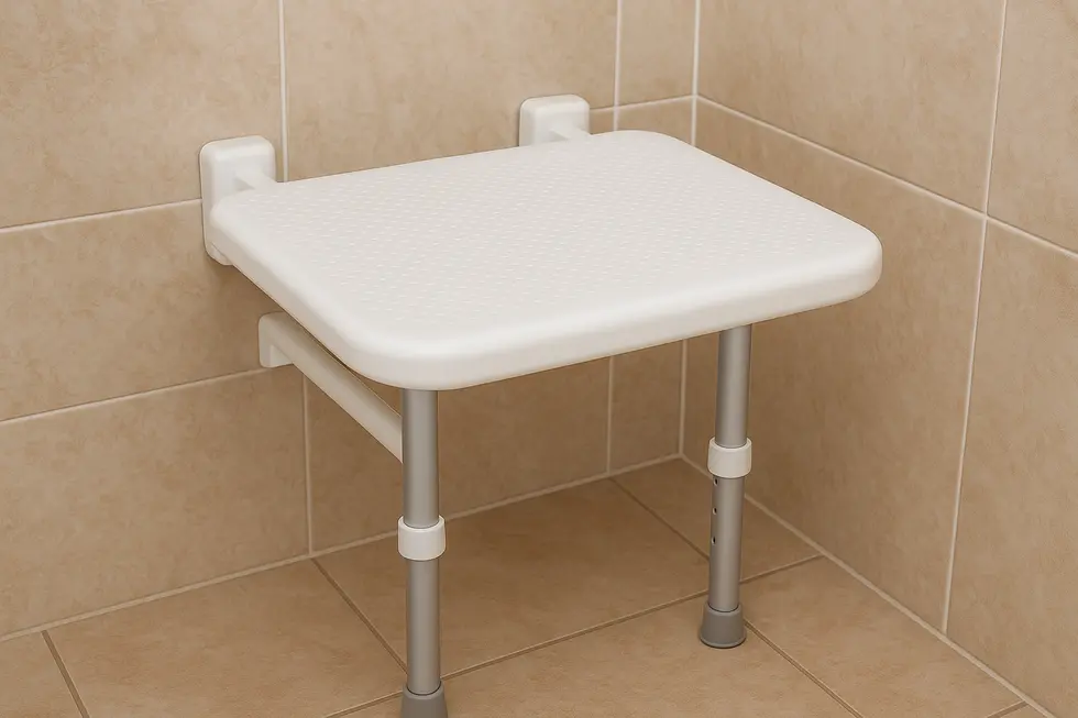 Elderly-friendly shower seat design with durable materials, showcasing foldable functionality.