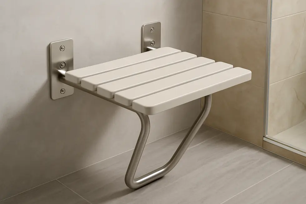 A secure and well-mounted shower seat in a bathroom, highlighting the use of stainless steel screws.