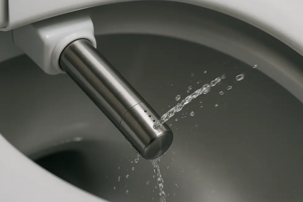 The innovative self-cleaning bidet nozzle showcasing its stainless steel design and automated cleaning function.