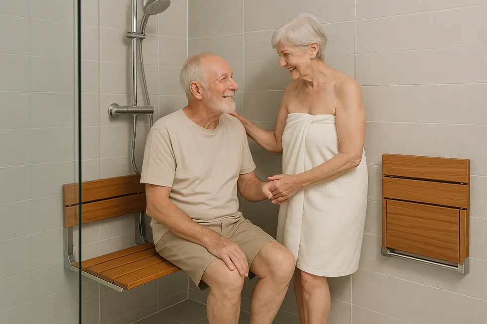 Elderly-friendly shower seat design with durable materials, showcasing foldable functionality.
