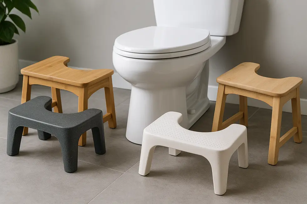 Eco-friendly toilet stools showcasing sustainable materials like bamboo.