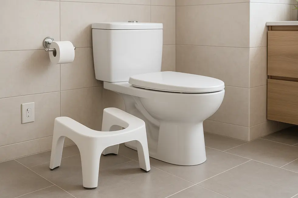 Sleek ergonomic toilet stool enhancing a modern bathroom layout.