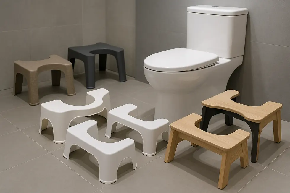 A display of diverse modern toilet stools emphasizing recent design innovations.