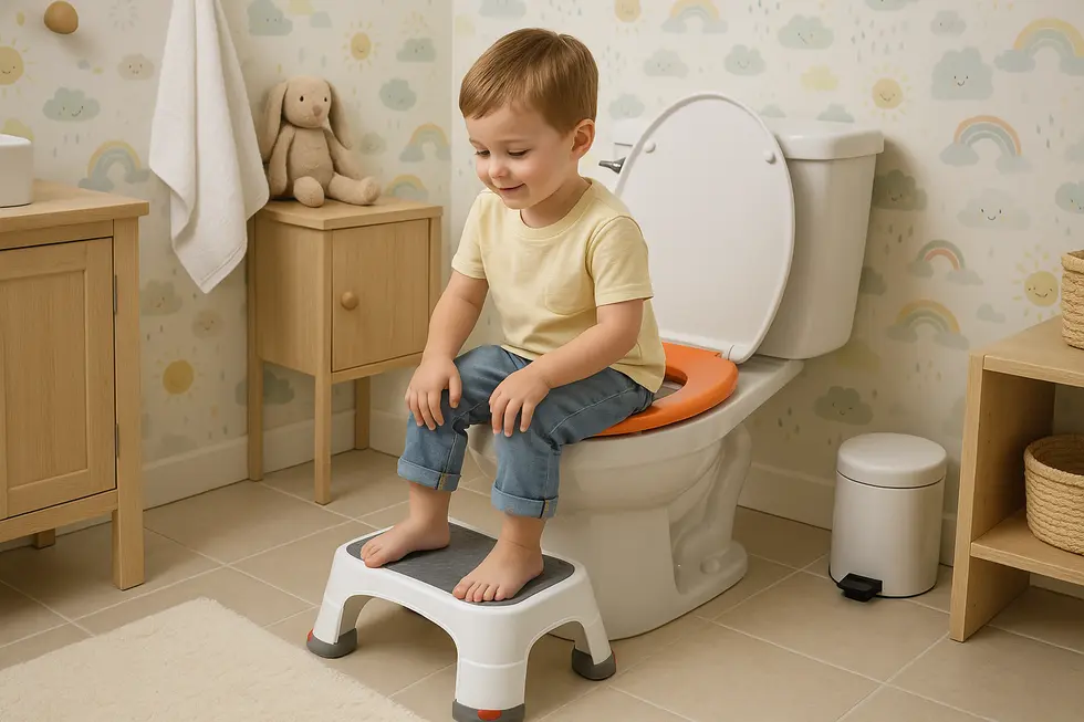 A child using a toilet stool in a bathroom, demonstrating safety and ergonomic features in use.