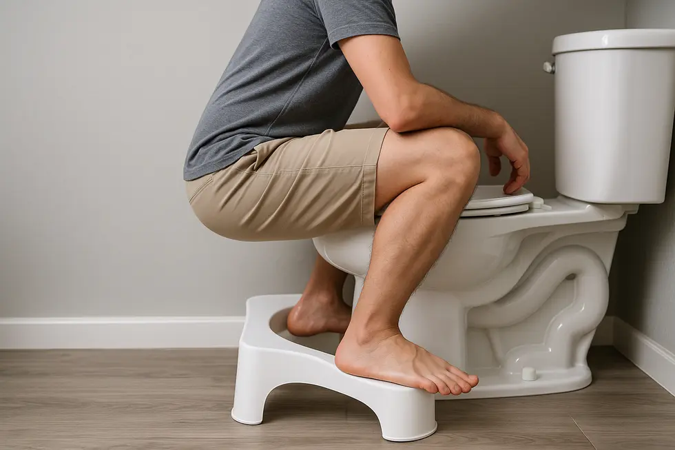 The body aligned in a squatting posture using a toilet stool, highlighting ergonomic benefits.