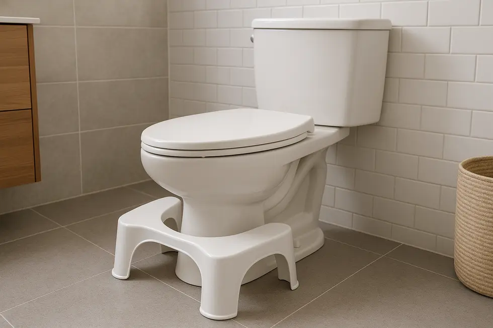 Modern bathroom setup highlighting a toilet with an ergonomic stool for enhanced colon health.
