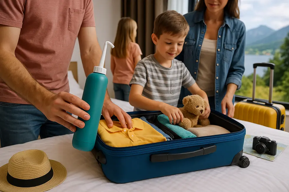 Family preparing for travel with a travel bidet included, set against a travel destination background.