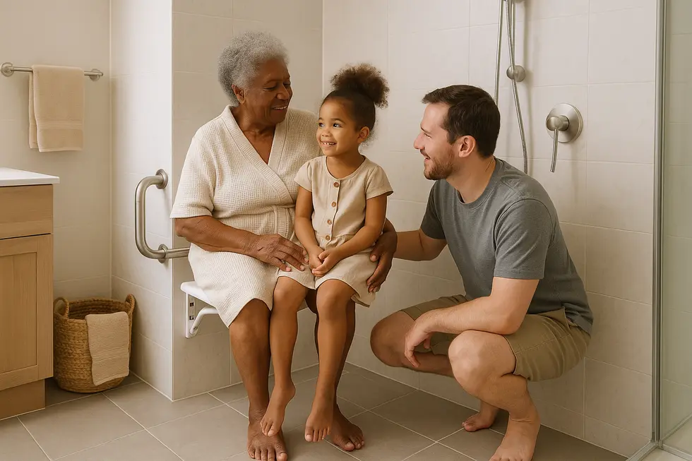 A functional family bathroom with a wall mounted shower seat and diverse users.