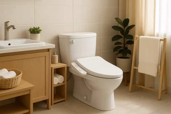 An inviting family bathroom showcasing a warm water bidet with advanced features.