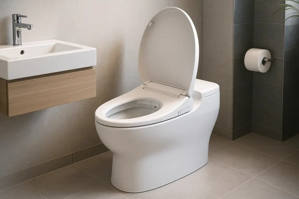 A modern bathroom featuring a bidet-compatible toilet seat with advanced features.