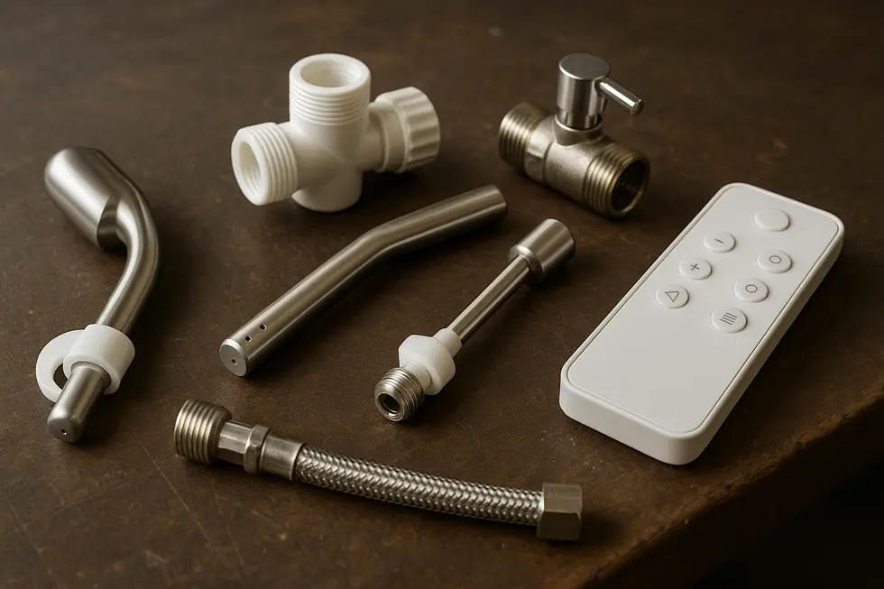 An array of bidet parts illustrating technological innovations in design.