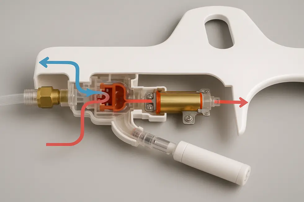 Illustration of a warm water bidet’s technological components and heating mechanisms.