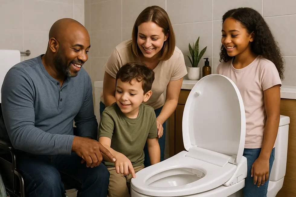 A modern bathroom featuring a bidet-compatible toilet seat with advanced features.