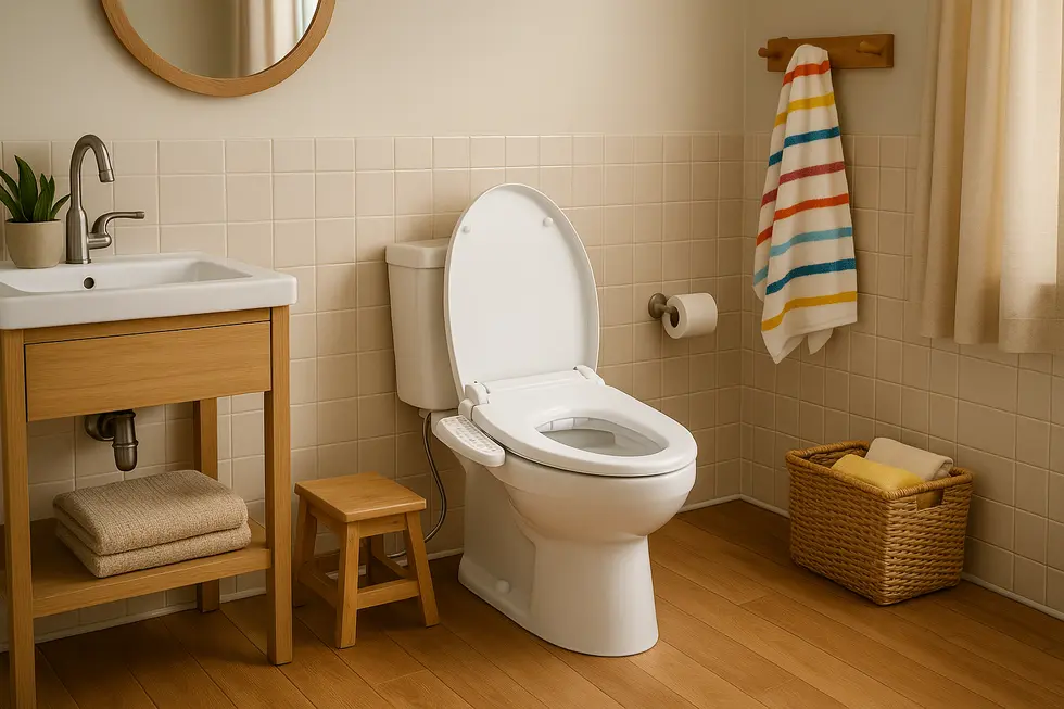 Family bathroom with a bidet-compatible toilet seat installed.