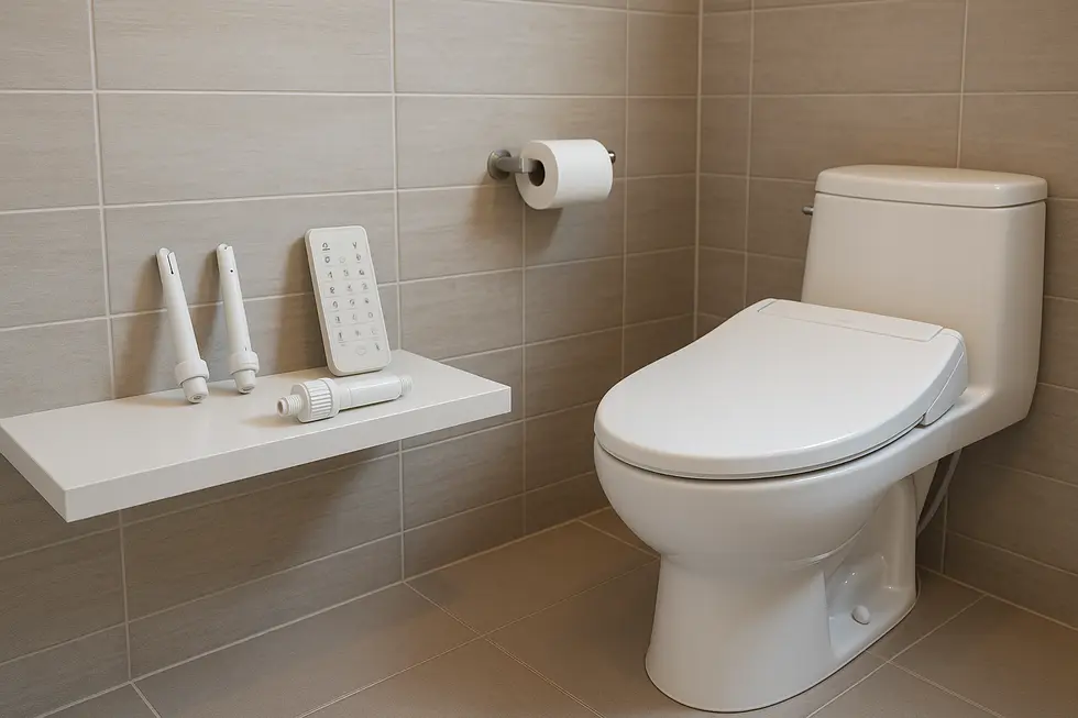 Modern bidet system in a family bathroom with spare parts visible.