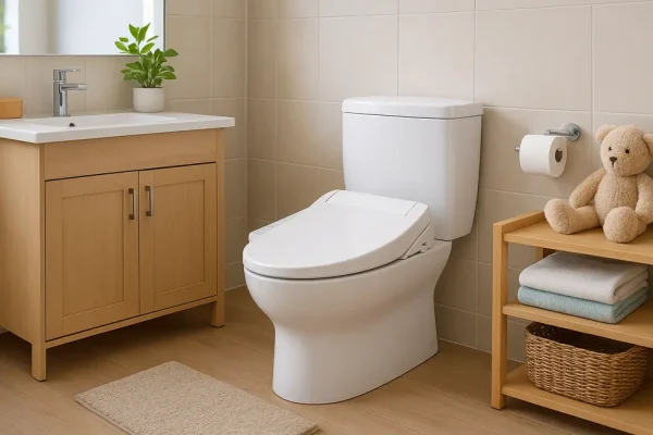 A modern family bathroom featuring a hot water bidet system.