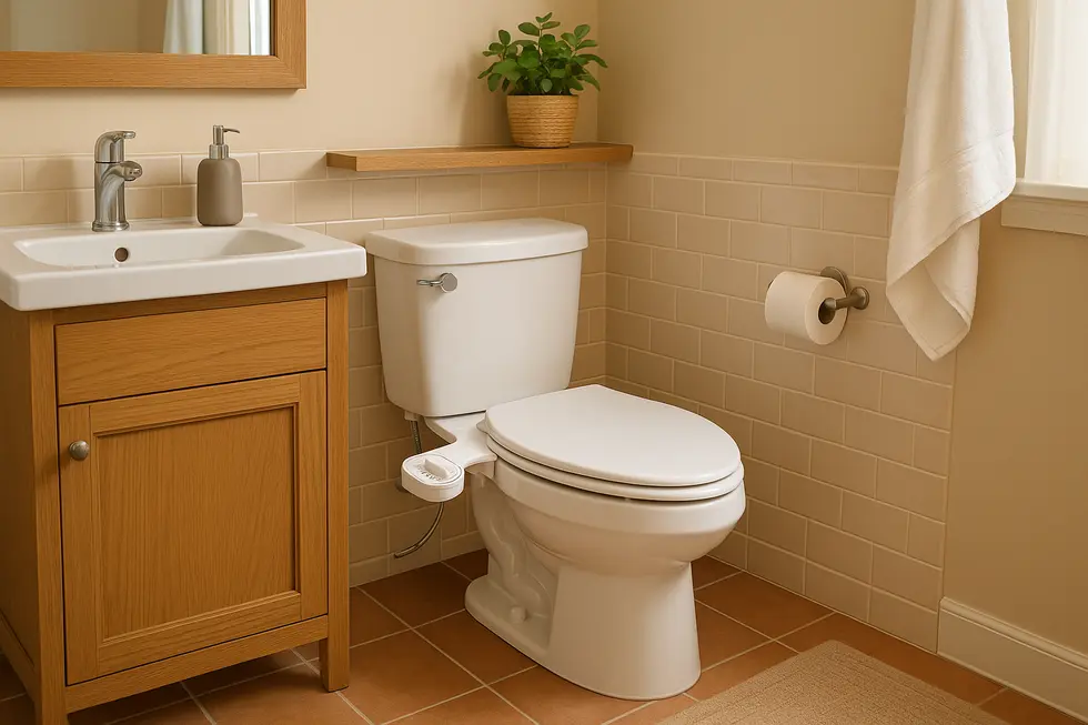 Family bathroom with a modern non-electric bidet, illustrating user-friendly integration and design.