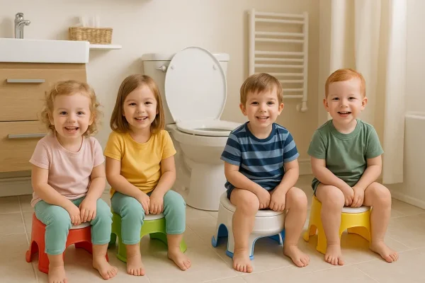 Smiling toddlers using bright kids toilet stools, reinforcing positive potty training experiences.