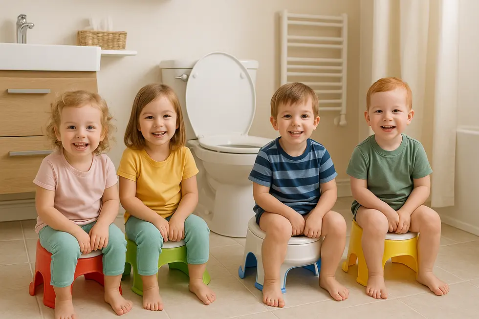 Smiling toddlers using bright kids toilet stools, reinforcing positive potty training experiences.