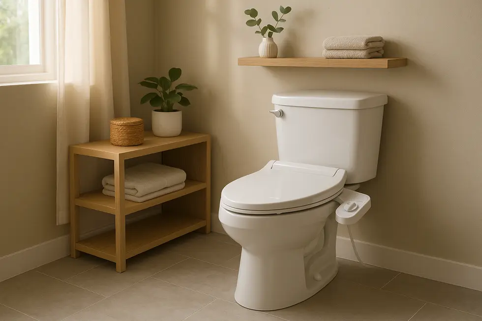 A modern bathroom with a warm water bidet attachment on the toilet, highlighting a clean and comfortable atmosphere.