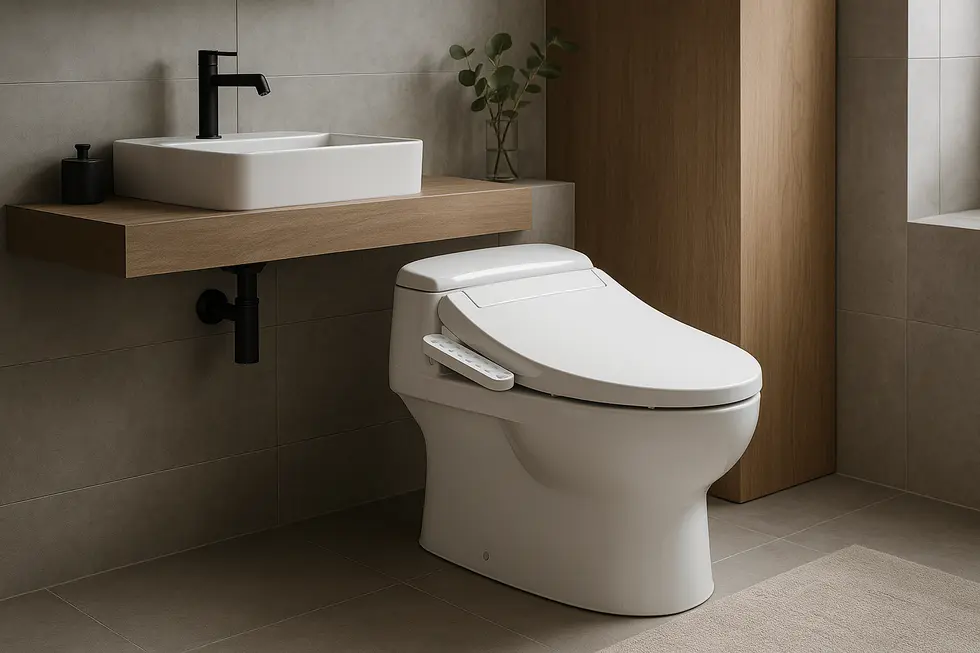 An elegantly designed bathroom with a bidet-compatible toilet seat, showcasing modern aesthetics and technology.