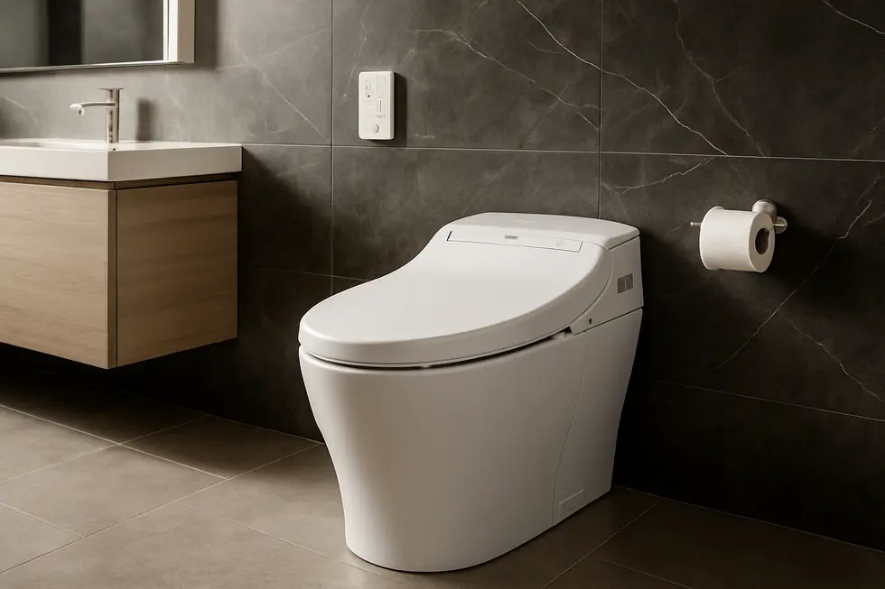A sophisticated bathroom setup featuring a state-of-the-art bidet with advanced parts.