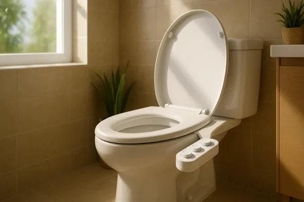 Warm water bidet in a sleek bathroom setting, illustrating modern hygiene enhancement.