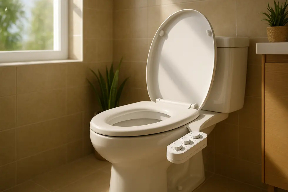 Warm water bidet in a sleek bathroom setting, illustrating modern hygiene enhancement.