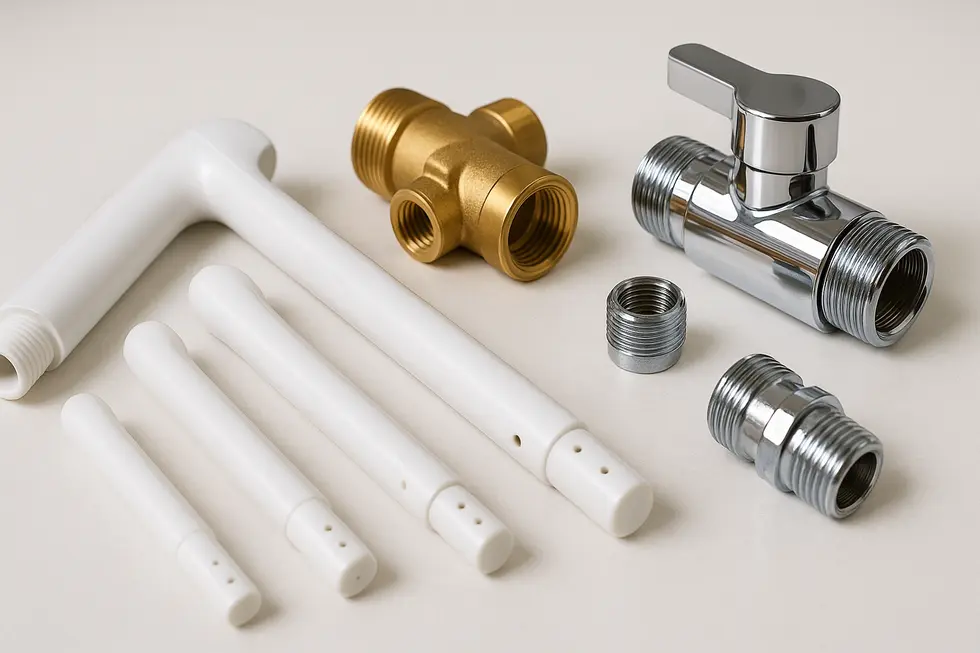 Diverse selection of bidet nozzles and valve components for replacement.