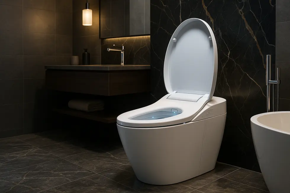 Futuristic bathroom with an integrated self-cleaning bidet seat, demonstrating luxury and advanced hygiene technology.
